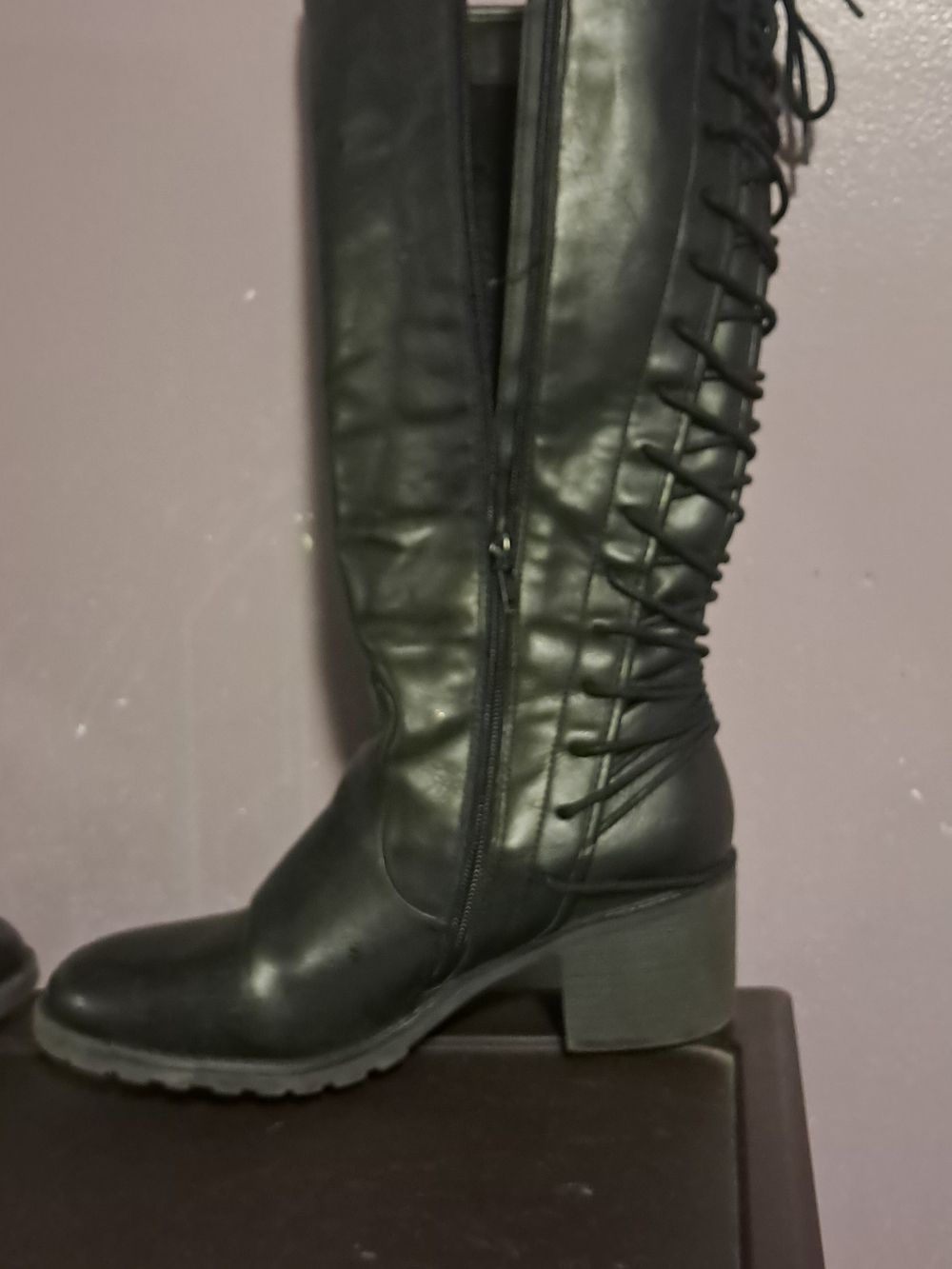 Black Lace-Up Knee-High Boots with Block Heel